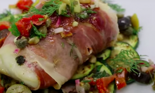 Dos de cabillaud basilic et jambon de Bayonne, sauce vierge